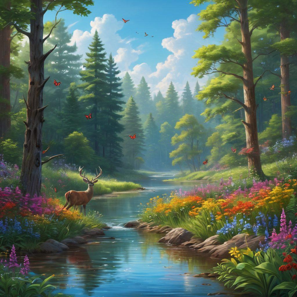 A tranquil forest scene with diverse wildlife including a deer, colorful birds, and butterflies, surrounded by lush greenery and blooming wildflowers. Sound waves visually represented as vibrant colors flowing through the trees, symbolizing the voices of nature. A serene river reflecting the blue sky in the background. super-realistic. vibrant colors. peaceful atmosphere.