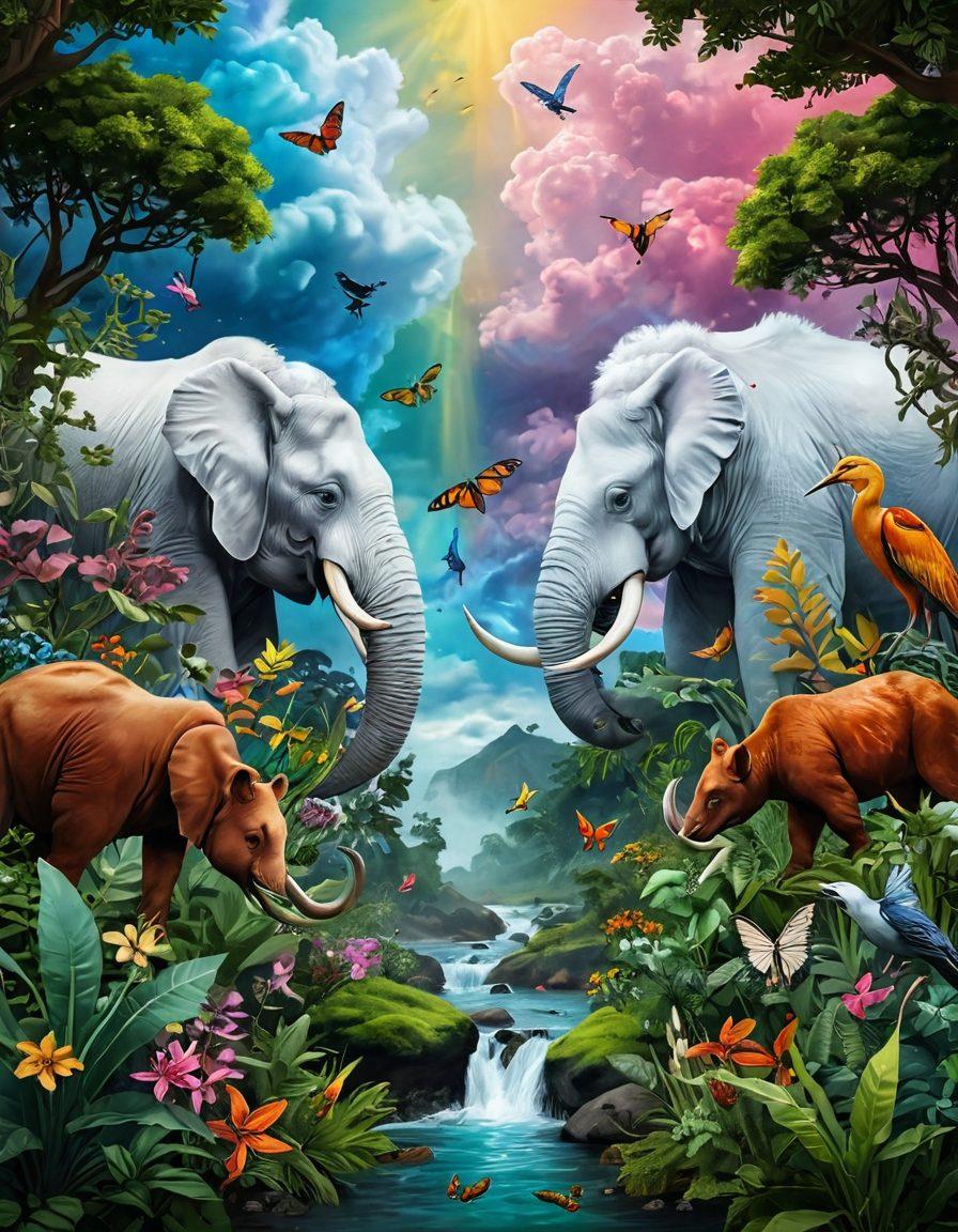 A colorful representation of endangered species thriving in a lush environment, with digital journals and articles hovering around them like ethereal clouds. Include diverse flora and fauna, symbolizing biodiversity, and a vibrant background that showcases the interconnectedness of nature and technology. The scene should inspire hope and action for conservation efforts. vibrant colors. super-realistic. digital art.