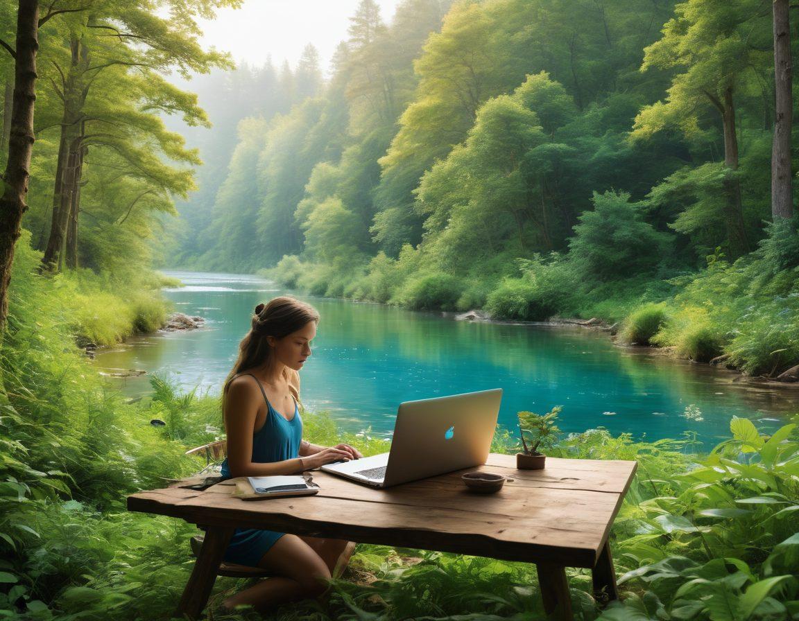 A serene landscape showcasing a diverse ecosystem with a vibrant forest, a flowing river, and various wildlife such as birds, deer, and butterflies. In the foreground, a person is passionately typing on a laptop, surrounded by nature, symbolizing the connection between blogging and environmental preservation. The image should convey a sense of hope and harmony between technology and the natural world. lush greens, bright blues, and warm earthy tones. super-realistic. vibrant colors.